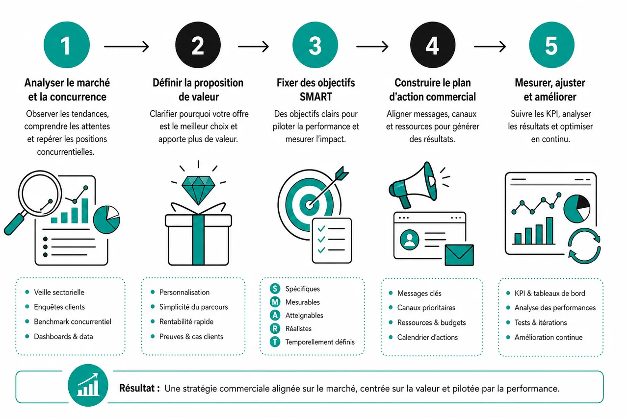 Comment élaborer une stratégie commerciale B2B centrée sur l’impact en 2026 , Les étapes clés pour élaborer une stratégie commerciale efficace