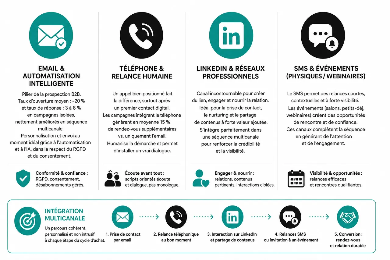 Orchestrer efficacement la prospection multicanale B2B sans saturer vos prospects , Les principaux canaux de prospection et leur intégration
