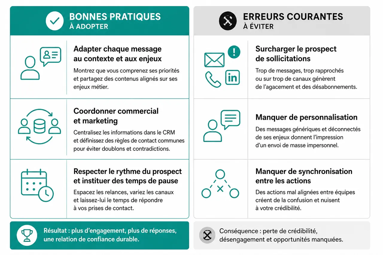 Orchestrer efficacement la prospection multicanale B2B sans saturer vos prospects , Meilleures pratiques et erreurs à éviter en prospection multicanale