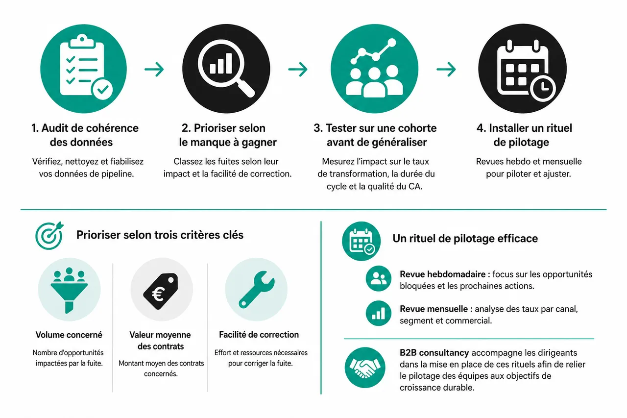 Réduire les points de fuite dans votre pipeline de vente B2B pour améliorer le taux de transformation , Transformer le diagnostic en plan d'action mesurable