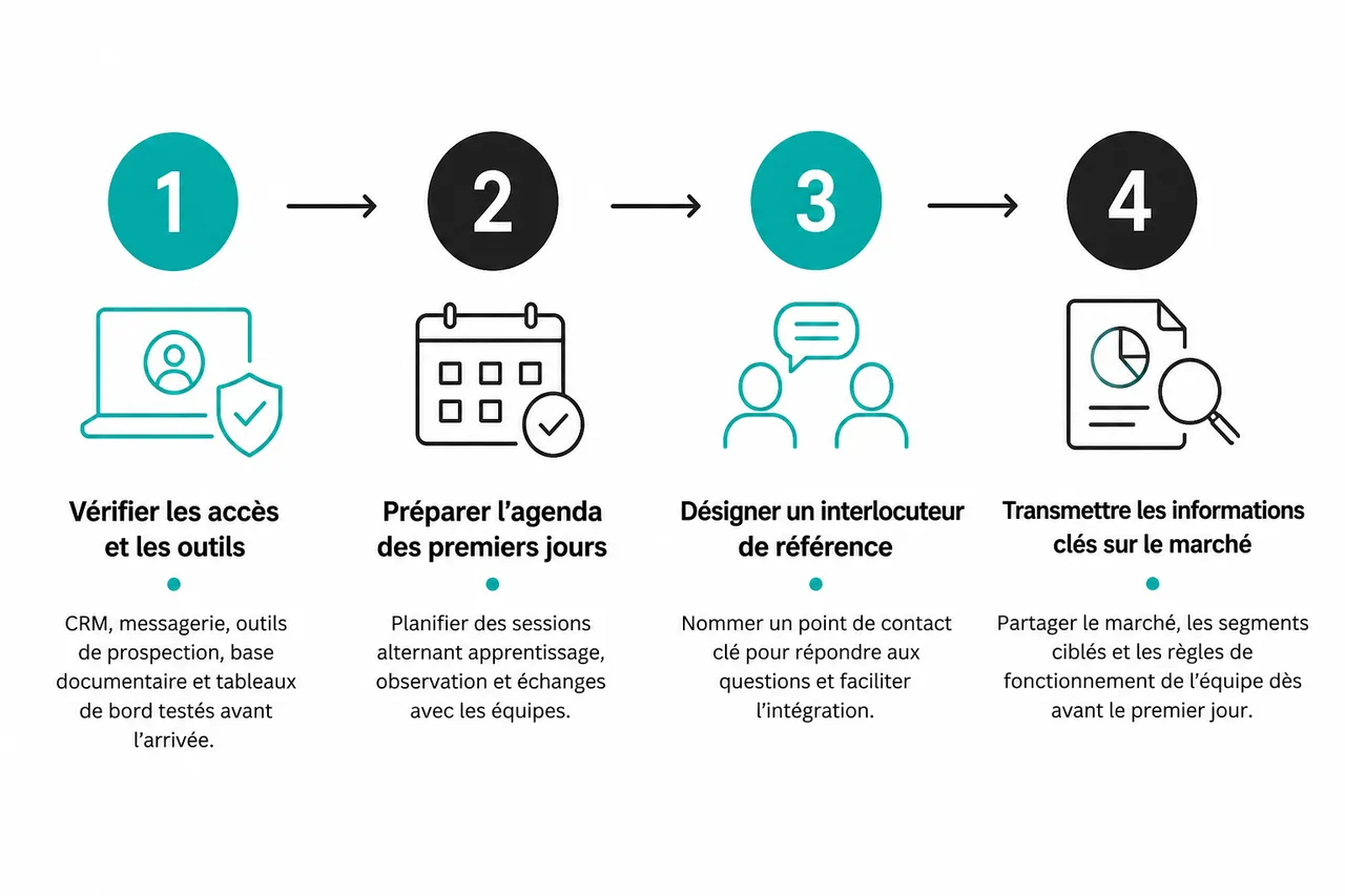 Onboarding commercial B2B: actions clés pour réussir les 90 premiers jours , Étapes clés d'un onboarding commercial B2B réussi