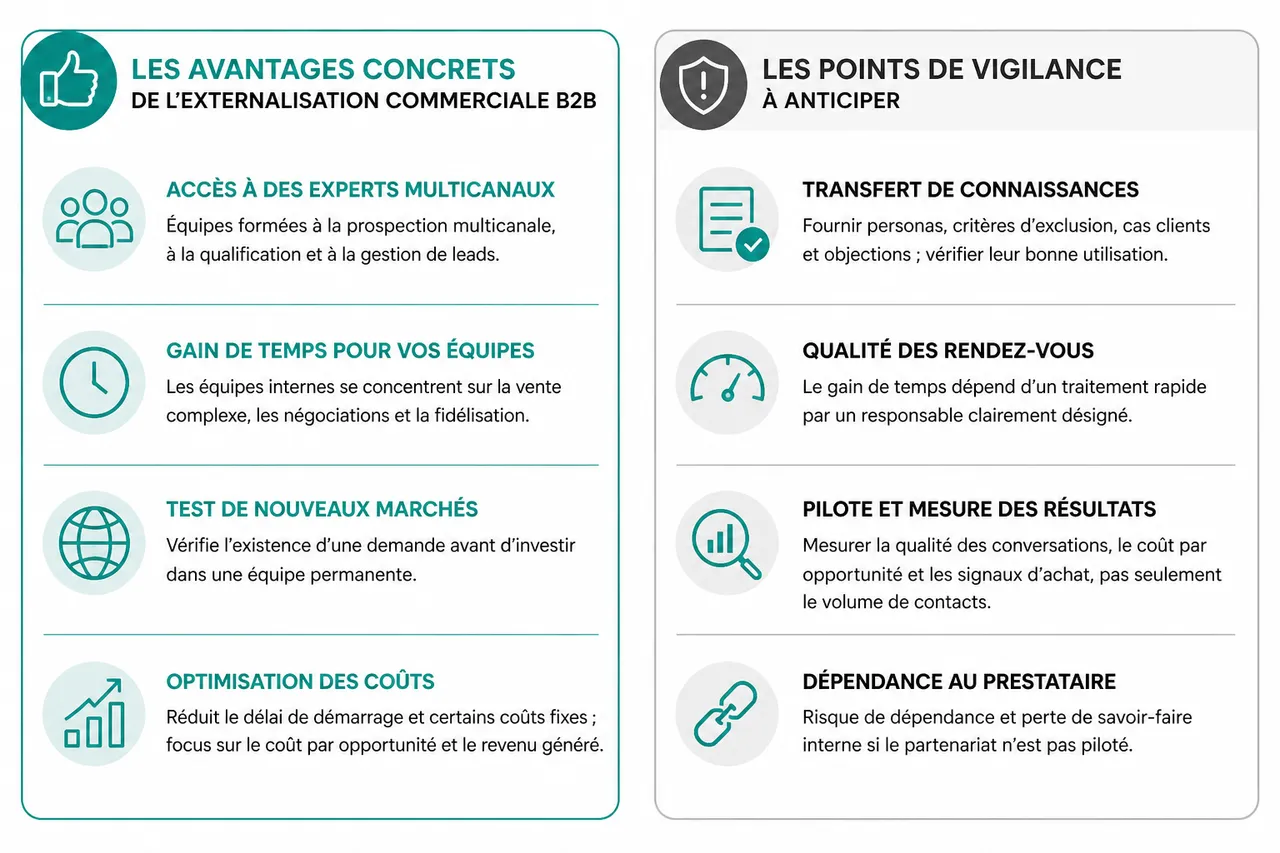 Quand et comment externaliser une partie de votre développement commercial B2B en 2026 , Avantages et limites de l’externalisation commerciale pour les entreprises B2B